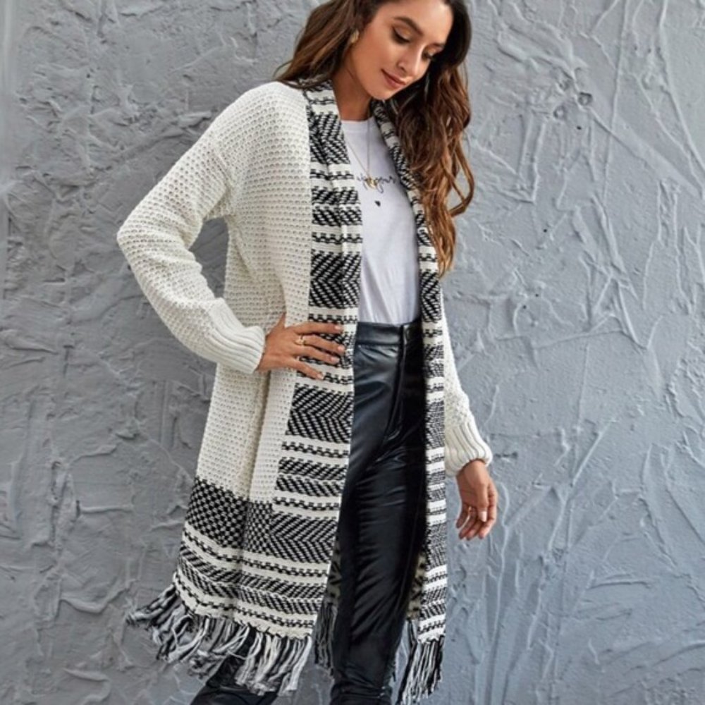 H&M Black & White Long Fringe Cardigan